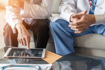 Surgical doctor teamwork, orthopedic surgeon, ER surgery team working in hospital medical clinic office meeting room diagnostic exam on patient care operation, professional service concept