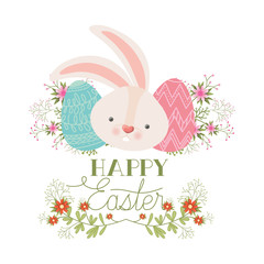 happy easter label with eggs and flowers icon