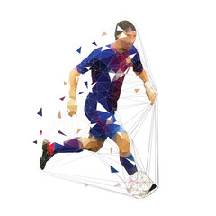 Soccer player running with ball, low poly geometric vector illustration