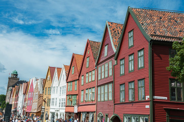 View of historical wooden buildings in Bergen