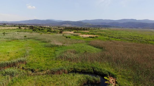 An aerial view from lush Aegean marshes and rivers that flow through them. Shot in  Akyaka (Gulf of Gokova, Aegean Sea) on a spring day.