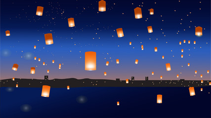 Vector illustration with chinese lanterns over the city