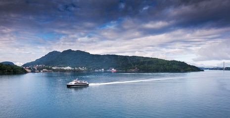 Ship approaching Bergen port. Norway