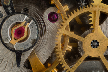 Details of the mechanism of a mechanical clock. Macro shooting