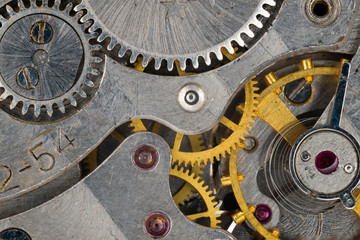 Details of the mechanism of a mechanical clock. Macro shooting