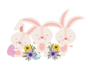 easter bunnies with flowers isolated icon