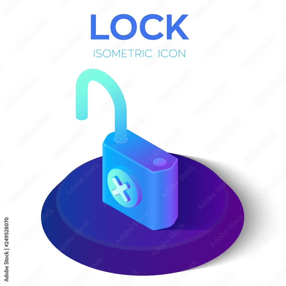 Poster lock isometric icon. unlock symbol. decline symbol. 3d isometric lock with refuse sign. created for 