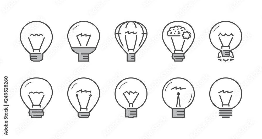 Poster vector linear light bulb icons set. open path.