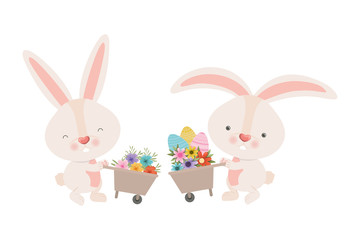 rabbits with wheelbarrow and easter egg icon
