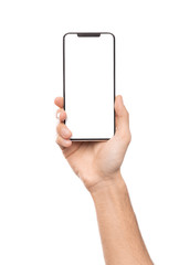 Male hand holding smartphone with blank screen