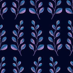Watercolor floral seamless pattern with pink and purple branches, leaves