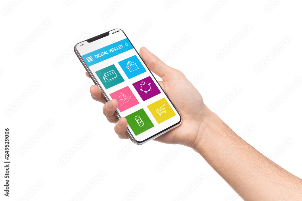 Poster Man holding smartphone with digital wallet application