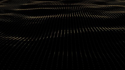 Background of particles on surface with waves. 3D render animation of perspective glimmering surface