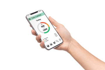 Man holding smartphone with counting calories application