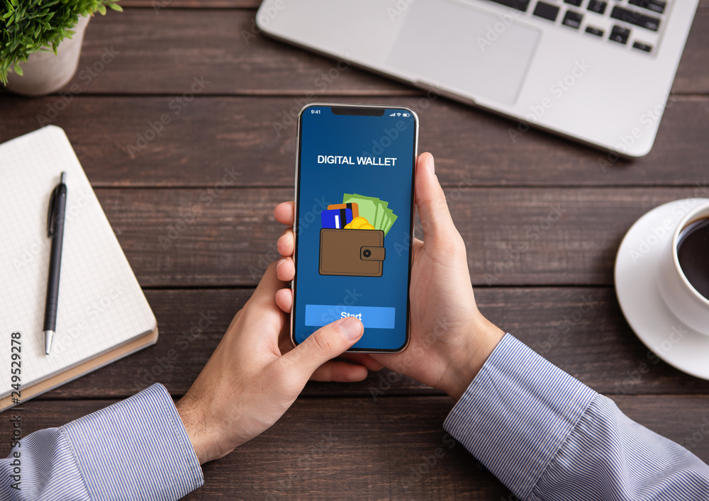 Poster man holding smartphone with digital wallet application