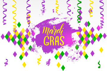 Mardi Gras greeting background with Bright Colorful serpentine, brush stroke, pattern and hand made lettering phrase. Falling particles for Carnival, Mardi Gras, Holiday decoration.