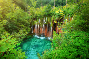 Exotic waterfall and lake landscape of Plitvice Lakes National Park, UNESCO natural world heritage...
