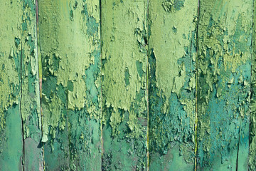Wooden fence with old green peeling paint. For design, banner and layout