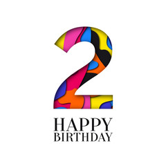 Obraz premium Number 2 Happy Birthday colorful paper cut out design