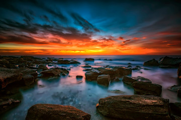 Fototapeta na wymiar Magnificent sunrise view at the Black sea coast near Varna, Bulgaria. Blue hour