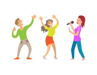 Partying people having fun lady with microphone vector. Couple dancing, woman singing and entertaining guests, show clubbing male and female clubbers