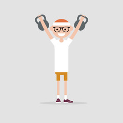 Young character holds two kettlebells above the head.Flat cartoon design