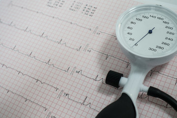 Sphygmomanometer resting on electrocardiogram