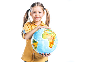 adorable smiling kid holding globe isolated on white, earth day concept