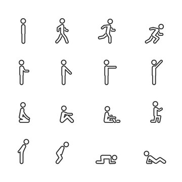 Vector set of man standing walking running sitting lying pointing in different poses line icons.