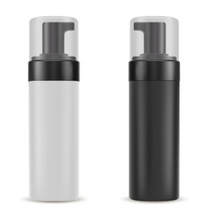 Pump Bottle for Cosmetic Product. Beauty Package for Lotion, Skin Moisturizer. Black and White Container with Batcher Cap for Hand Gel, Foam. 3d Design Illustration.