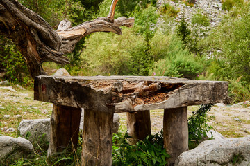 Fototapeta na wymiar old table made of solid wood with stones, picnic area