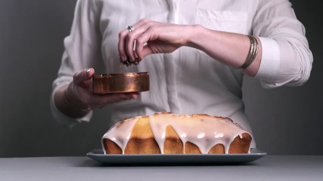 Lemon loaf cake, glazing, organic flower garnish, hoe made.