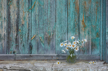 Charming still life with copy space chamomilles and daisies in water on wood background