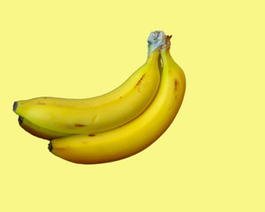 A bunch of Bananas against a Yellow background. 