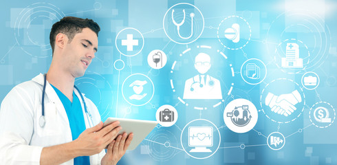 Health Insurance Concept - Doctor in hospital with health insurance related icon graphic interface...