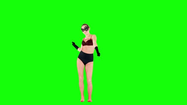 Cute Woman Wearing a Bodystocking Dancing in Satin Gloves on Green Screen