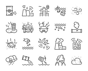 set of air pollution icons, such as, smoke, dust, gas, industry, pm 2.5