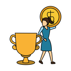 business woman with trophy and coin