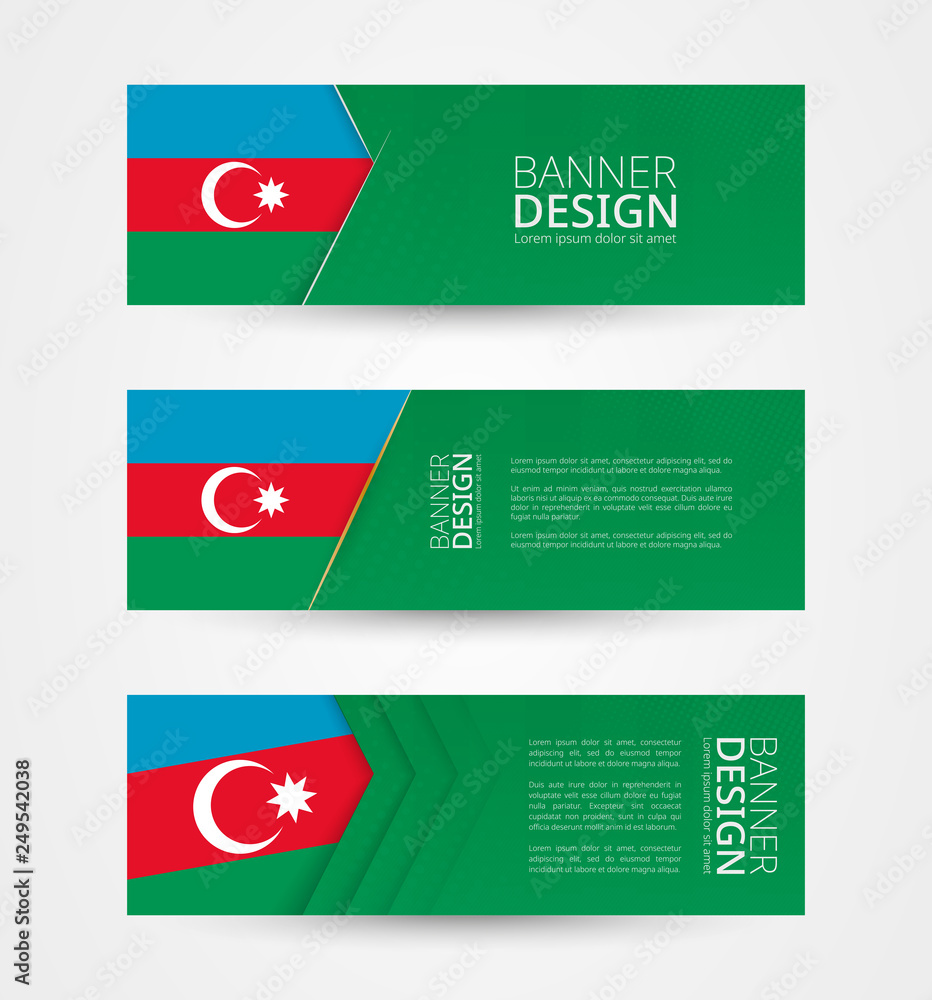 Wall mural set of three horizontal banners with flag of azerbaijan. web banner design template in color of azer