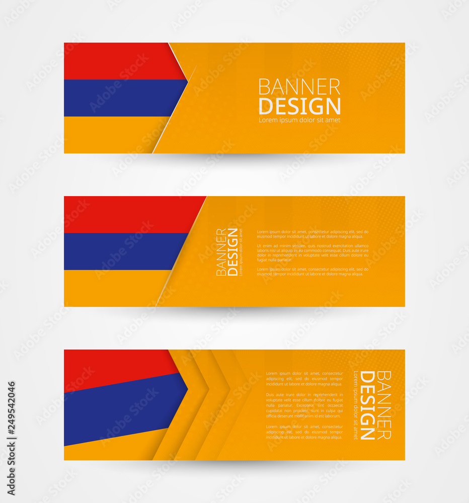Poster set of three horizontal banners with flag of armenia. web banner design template in color of armenia