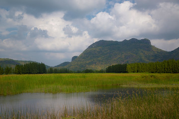 landscape of mountains and big green lake, Sam Roi Yot, Thailand.