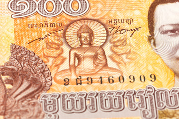 detail of a 100 cambodian riel bank note obverse