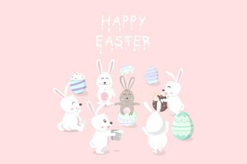 Fototapeta premium Easter, greeting card holiday, chocolate and cream decoration festival, baby rabbit resurrection, egg fancy, cute bunny cartoon invitation vector illustration