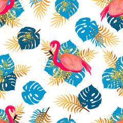 Seamless pattern with pink flamingo and tropical leaves. Vector illustration.