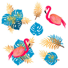 Vector set with pink flamingo and tropical leaves. Design elements for birthday, flamigo and tropical party, poster, banner, party props.