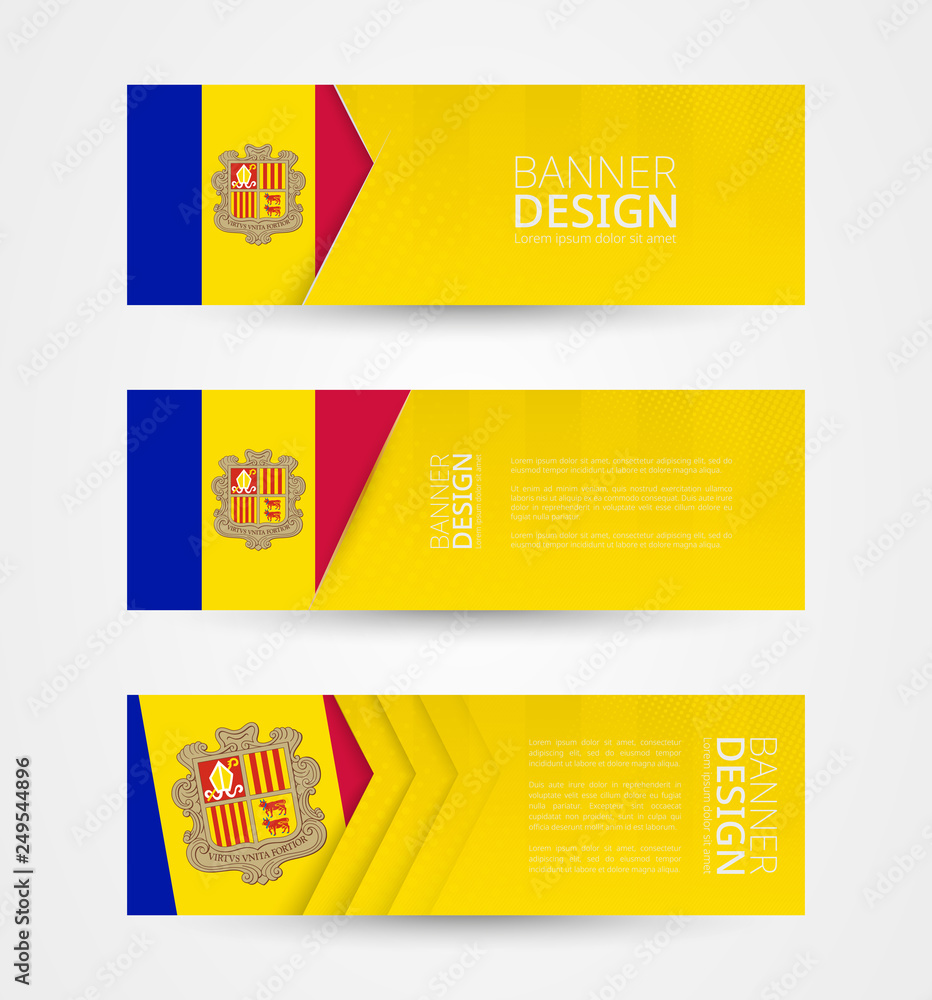 Wall mural set of three horizontal banners with flag of andorra. web banner design template in color of andorra
