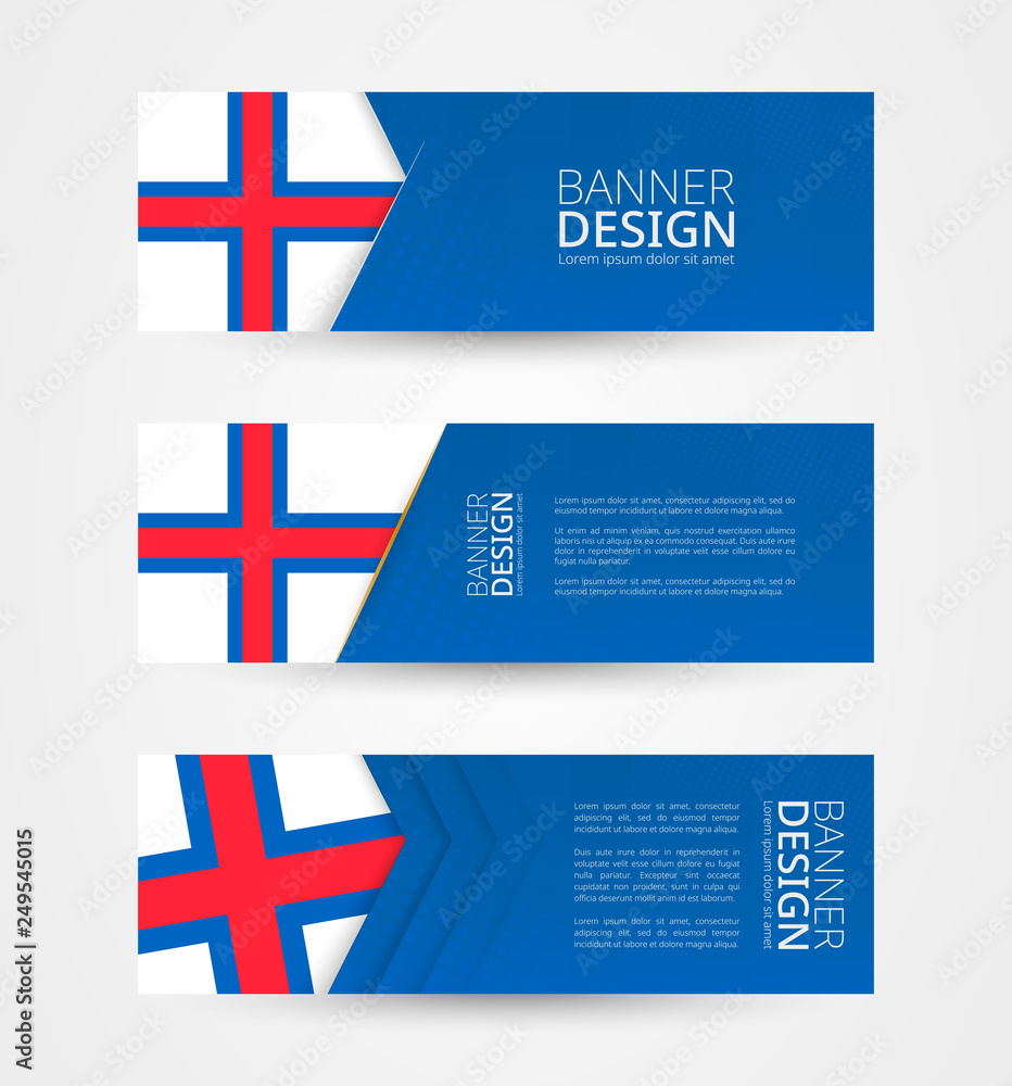 Wall mural set of three horizontal banners with flag of faroe islands. web banner design template in color of f
