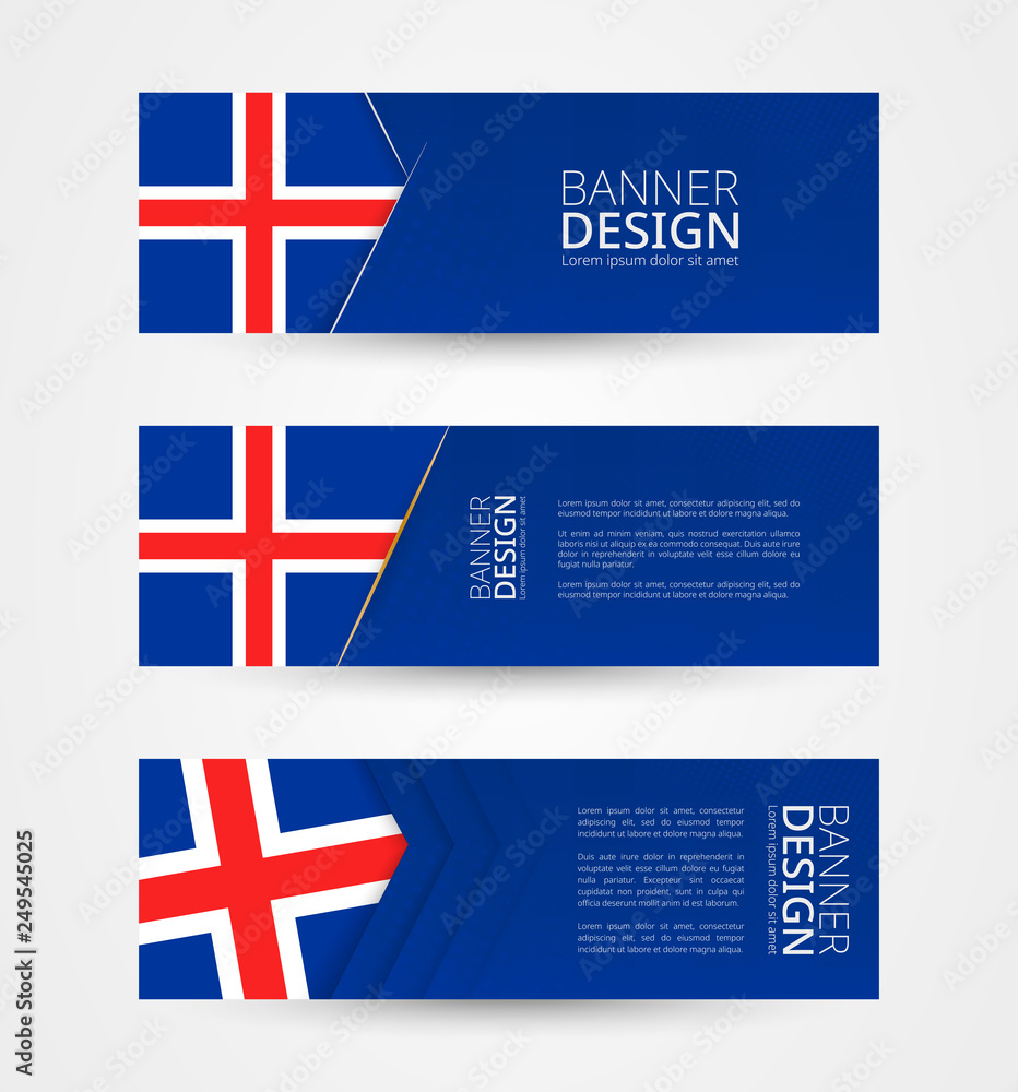 Wall mural set of three horizontal banners with flag of iceland. web banner design template in color of iceland