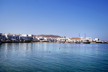 Panoramic day view of the old port of Chora in Mykonos