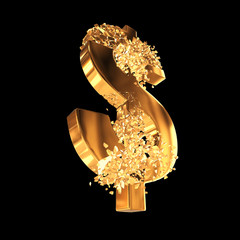 Fractured Gold Dollar value with disappearing effect. Financial crisis concept. 3d render on black background